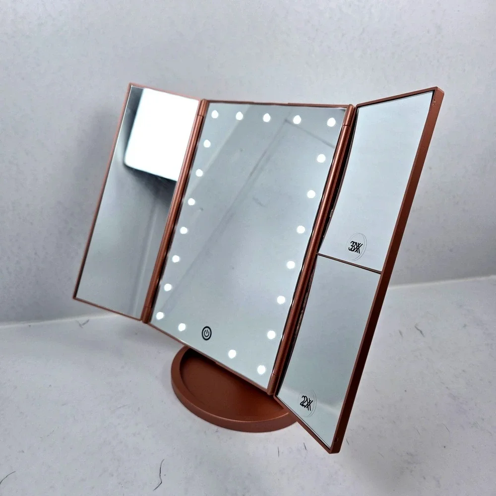 Deweisn Tri-Fold Vanity Makeup Mirror Pedestal with 21 LED Lights - Rose Gold